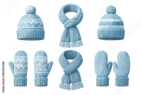 Warm winter accessories in light blue color arranged in a simple design showcasing hats, scarves, and mittens