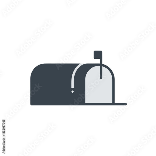 Modern flat design mailbox icon, dark gray body, light gray open door, and a raised flag, indicating new mail.