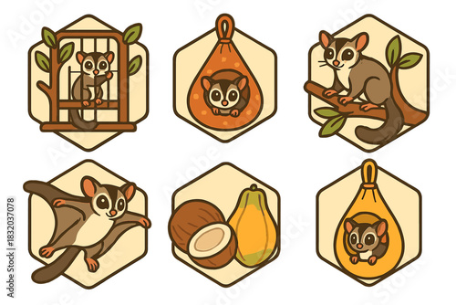 Cute sugar gliders in playful poses with natural habitat elements and food items