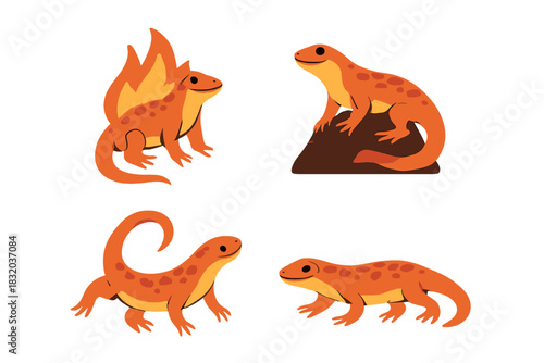 Colorful cartoon salamanders in various poses on a simple background showcasing their unique features and playful design