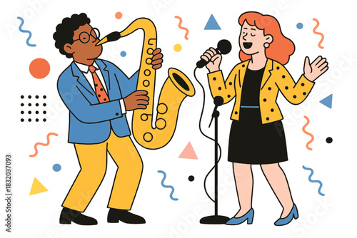 Musicians perform together on stage with saxophone and microphone at a lively music event