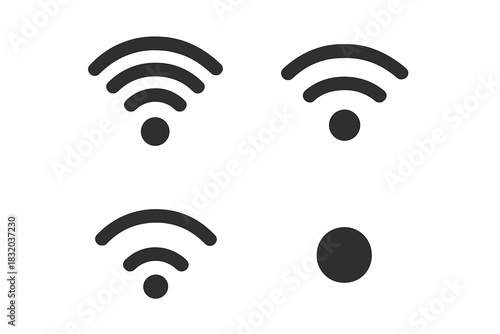 Different symbols representing Wi-Fi connection status shown on a digital interface indicating various levels of signal strength