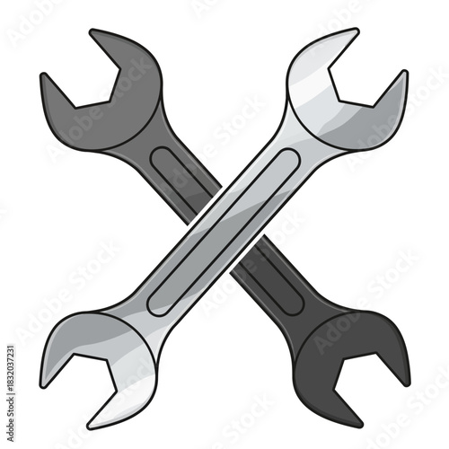 Two Crossed Wrenches - Gray and Silver, Mechanic Tools, Repair Equipment, Industrial.
