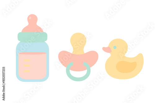 Cute baby accessories including a bottle, pacifier, and rubber duck for nurseries or baby showers