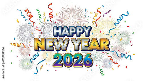 Festive Happy New Year 2026 Celebration with Colorful Fireworks