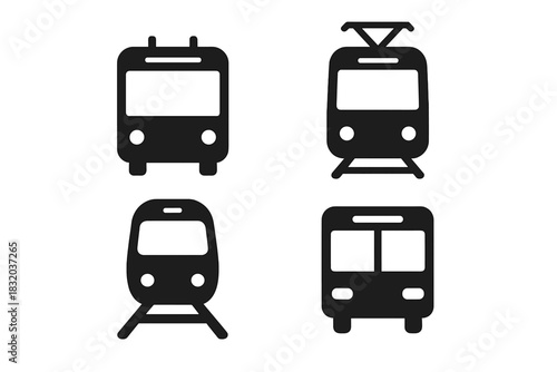 Various silhouettes of public transportation vehicles arranged in a grid, showcasing trains and trams