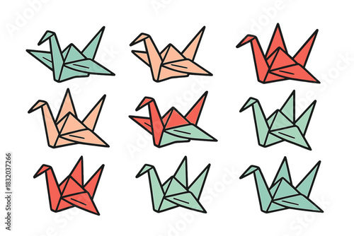 Colorful origami cranes arranged in a pattern showcasing different shades and styles for creative inspiration