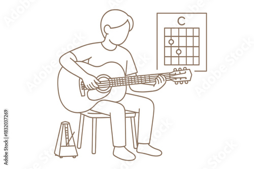 Guitar player practicing chords in a cozy room with a metronome and chord chart at the afternoon