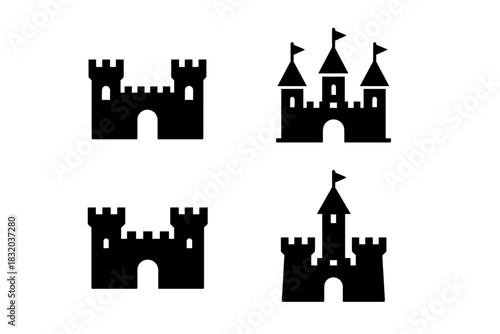 Various styles of castle silhouettes with flags displayed in a simple and clear design