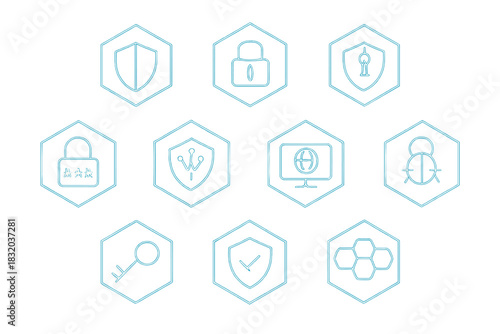 Design of geometric icons representing security measures and protection symbols in light blue tones