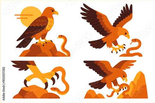 Eagle hunting snakes in a desert landscape during sunset, showcasing nature in action with vibrant colors