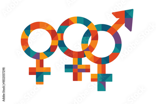 Colorful symbols representing gender diversity with bold patterns in a modern design
