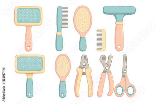 Various grooming tools arranged on a white background for pet care including brushes, combs, and scissors