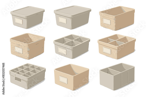 Variety of storage bins displayed in neutral colors arranged neatly on a white surface for organizing spaces