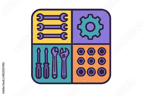 Tools and hardware represented in a colorful design featuring wrenches, screwdrivers, and nuts
