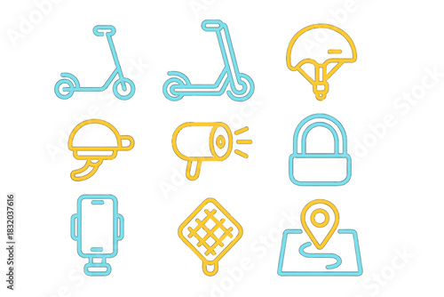 Icons representing urban mobility options and safety features for electric scooters and cycling