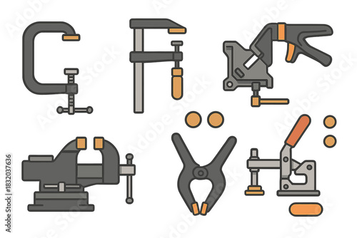 Variety of clamps and vices used for woodworking and metalworking tasks in a workshop setting