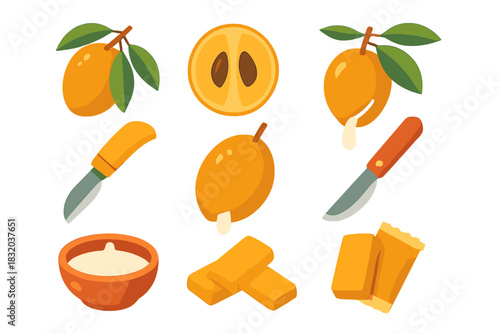 Different stages of sweet sapodilla fruit preparation showing whole fruits, sliced pieces, and desserts in a simple layout