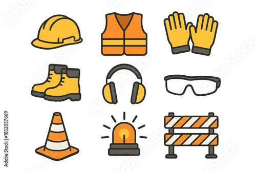 Safety gear collection for construction workers in an industrial setting during daylight hours