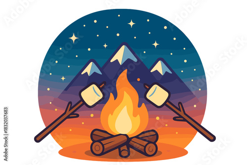 Campfire gathering at night with mountains and starry sky, roasting marshmallows for a fun outdoor experience