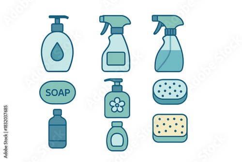 Cleaning supplies arranged neatly in a grid, including soap, spray bottles, and sponges for household chores