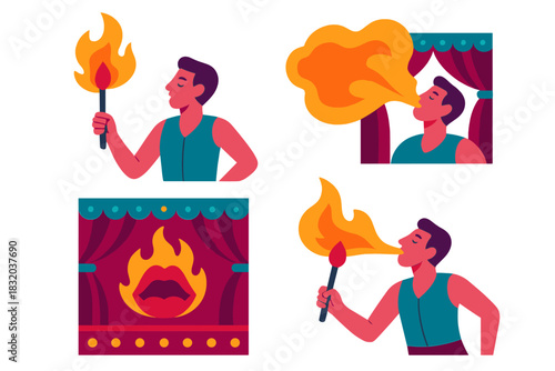 Fire performer showcases talent with flame breathing and torch skills during a vibrant stage act at a local festival
