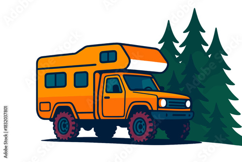 Colorful camper truck parked near green pine trees in a bright outdoor setting on a sunny day