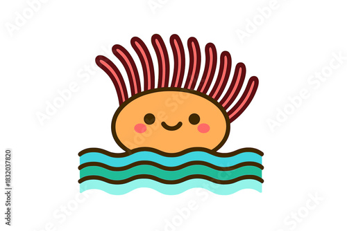 Cute cartoon axolotl swimming happily in wavy blue water with vibrant red gills during a sunny day