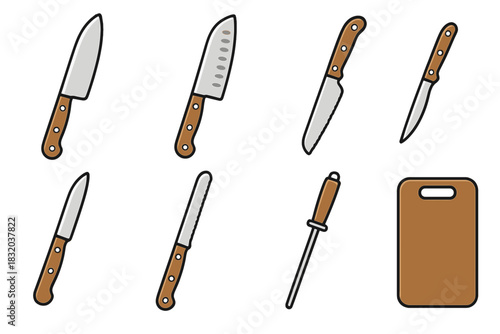 Various kitchen knives and a wooden cutting board arranged for cooking preparations