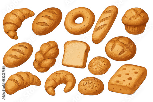 Various types of bread and baked goods arranged in a colorful pattern