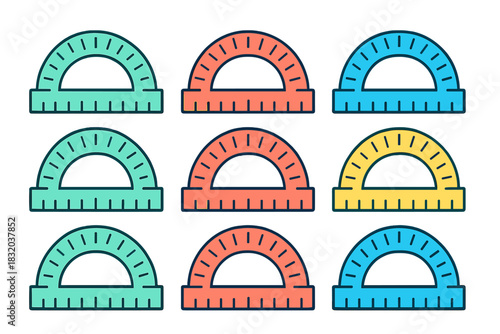 Colorful protractors arranged in a grid showing different shades and designs for educational use