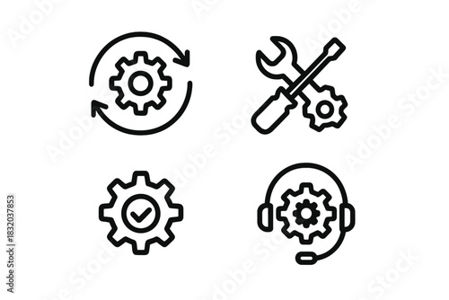 Technical icons depicting maintenance, support, and process improvement in engineering and manufacturing environments