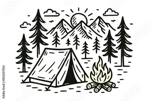 Camping in a serene mountain landscape with a campfire and tall trees at sunset