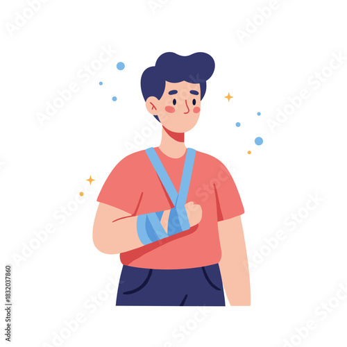 Young person with calm mood in casual red shirt with arm brace, symbolizing injury recovery or support, flat illustration style