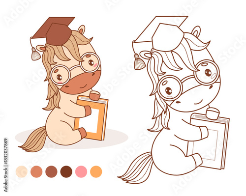 Cute Pony in graduation cap and glasses with book set. Funny cartoon kawaii Horse animal. Isolated Outline and Color drawing. Coloring Book. Vector illustration. Kids collection. Not AI