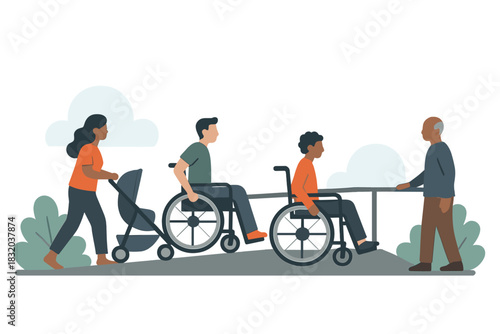 Group of people navigating a ramp with wheelchairs and a stroller in a friendly community setting