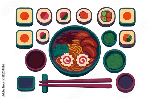 Delicious asian cuisine featuring ramen and sushi served on a colorful table