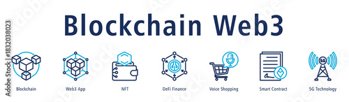 Blockchain Web3 web banner icon vector illustration concept with icon of blockchain, web3 app, nft, defi finance, voice shopping, smart contract, and 5g technology.