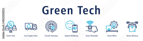 Green Tech web banner icon vector illustration concept with icon of green tech, eco supply chain, circular economy, digital wellbeing, smart wearable, smart office, and drone delivery.