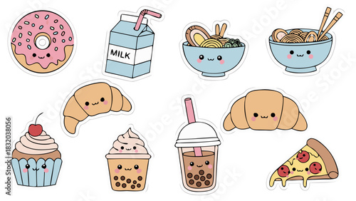 Cute Kawaii Food Stickers Set – Milk, Noodles, Croissant, Dessert Icons