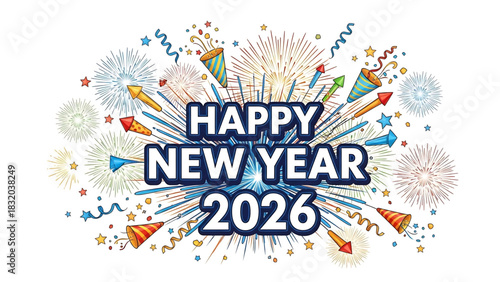 Festive Happy New Year 2026 Celebration with Fireworks and Confetti