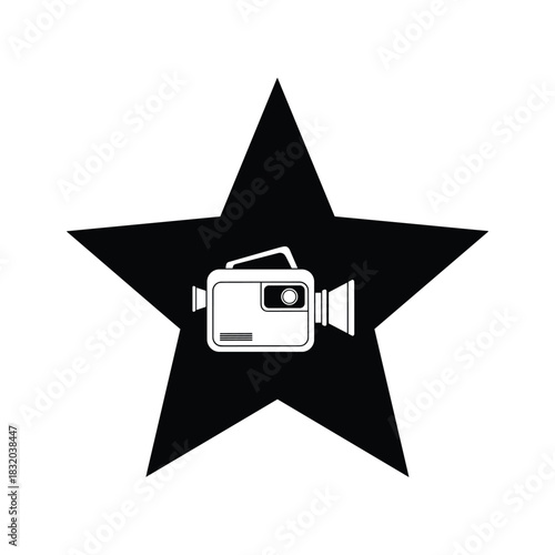 White vintage video camera icon on black star background vintage camera retro camera