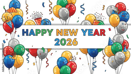 Cheerful Happy New Year 2026 greeting surrounded by festive elements