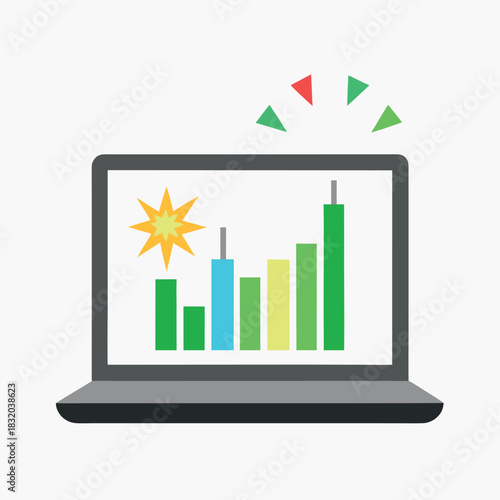 Laptop with stock chart and fireworks gray laptop, green stock chart, multicolor fireworks, white background