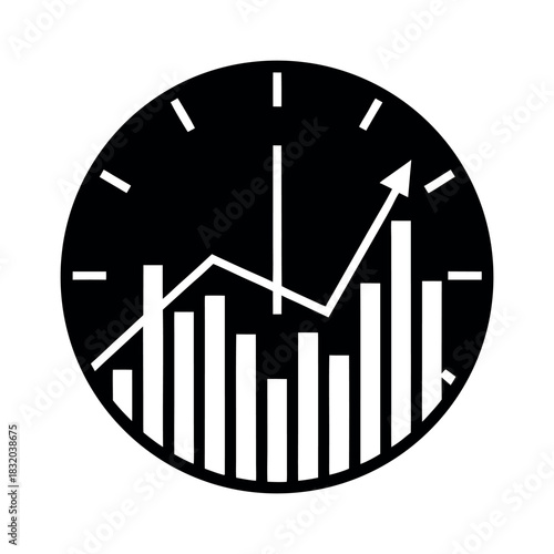 Minimal vector of a stock chart shaped like a New Year clock, black fill, white background