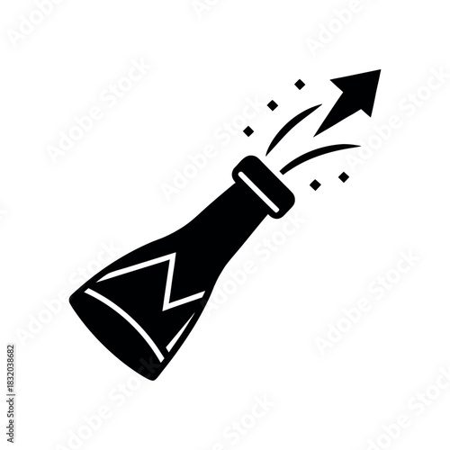Silhouette of champagne cork popping with stock arrow emerging, black vector, minimal