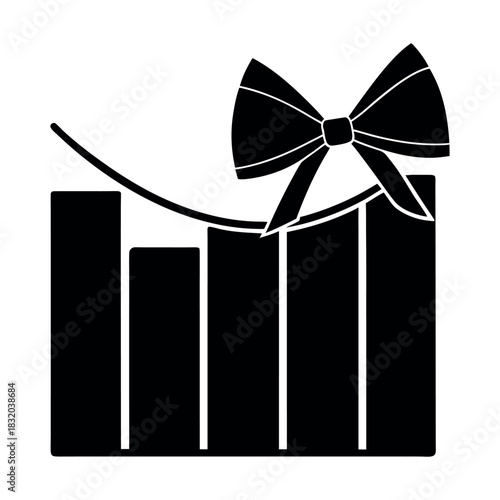 Silhouette of a stock graph wrapped like a gift with bow, black vector, minimal