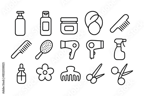 Haircare icons: shampoo, conditioner, hairdryer, comb, brush, scissors, spray bottle
