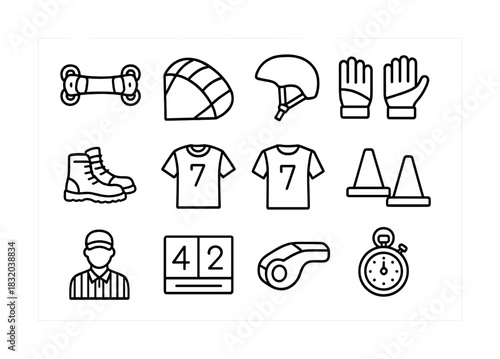 Outline icons of sports equipment and gear for team games
