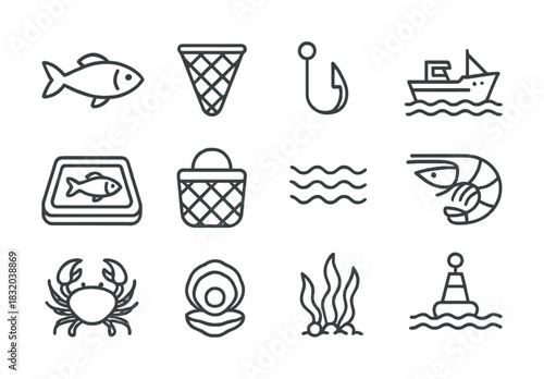 Fishing icon set: fish, boat, hook, crab, oyster, shrimp, seaweed, net, buoy
